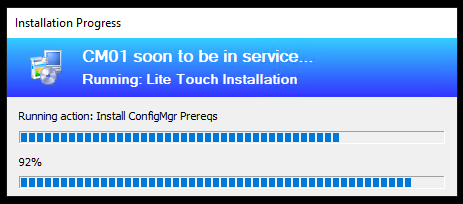 Snip of Task Sequence progress dialog installing ConfigMgr Prerequisites.